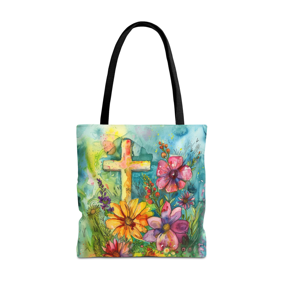 Cross and Whimsical Flowers Tote Bag