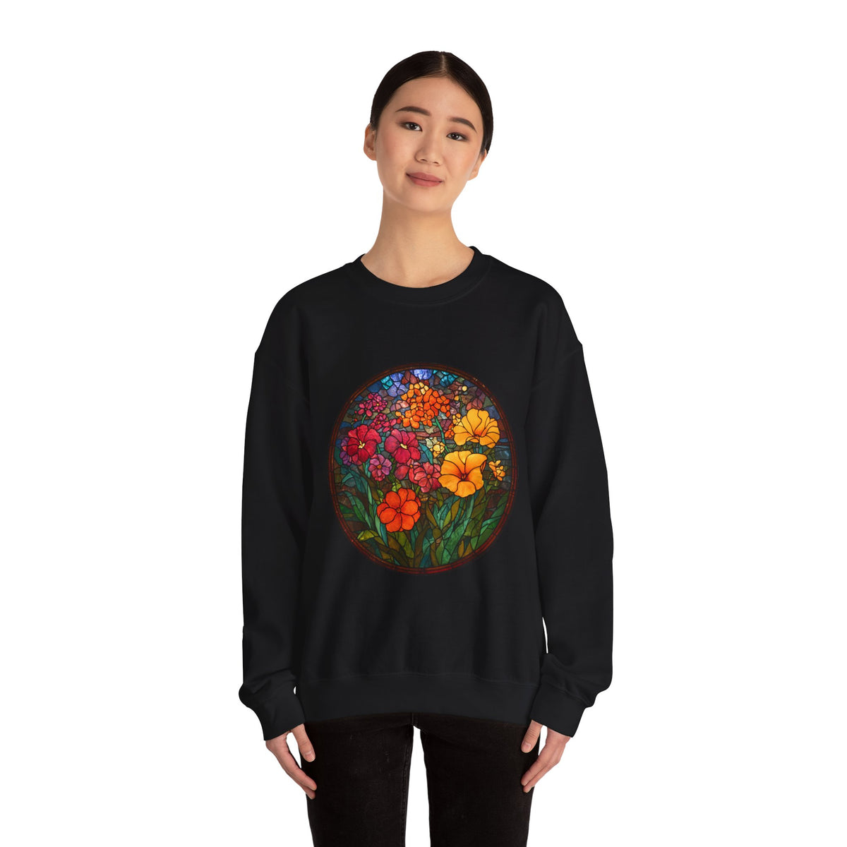 Stained Glass Floral Garden sweatshirt | Colorful Flower Circle Art