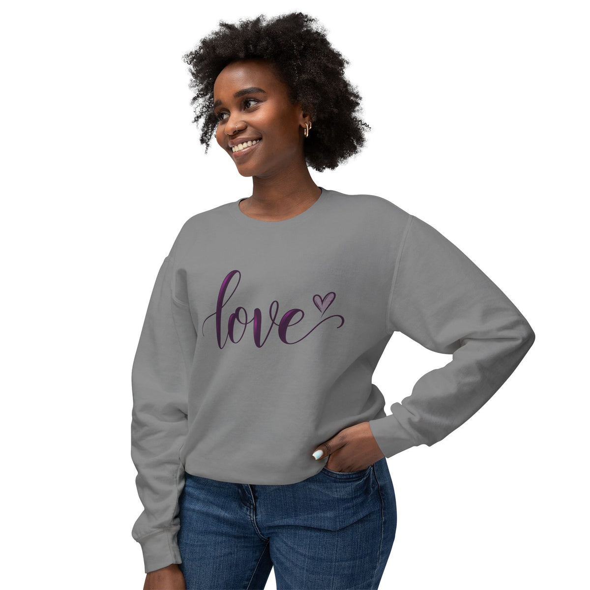 Love Script Crewneck Sweatshirt — Feminine Purple Heart Love Design