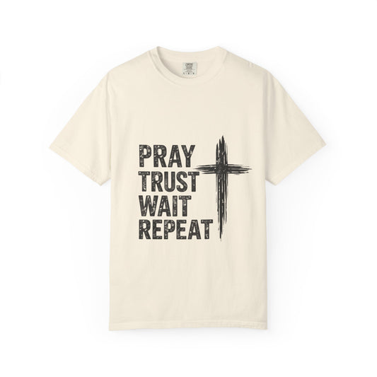 Prayer Trust Wait Repeat T-Shirt — Christian Faith Cross Graphic Tee
