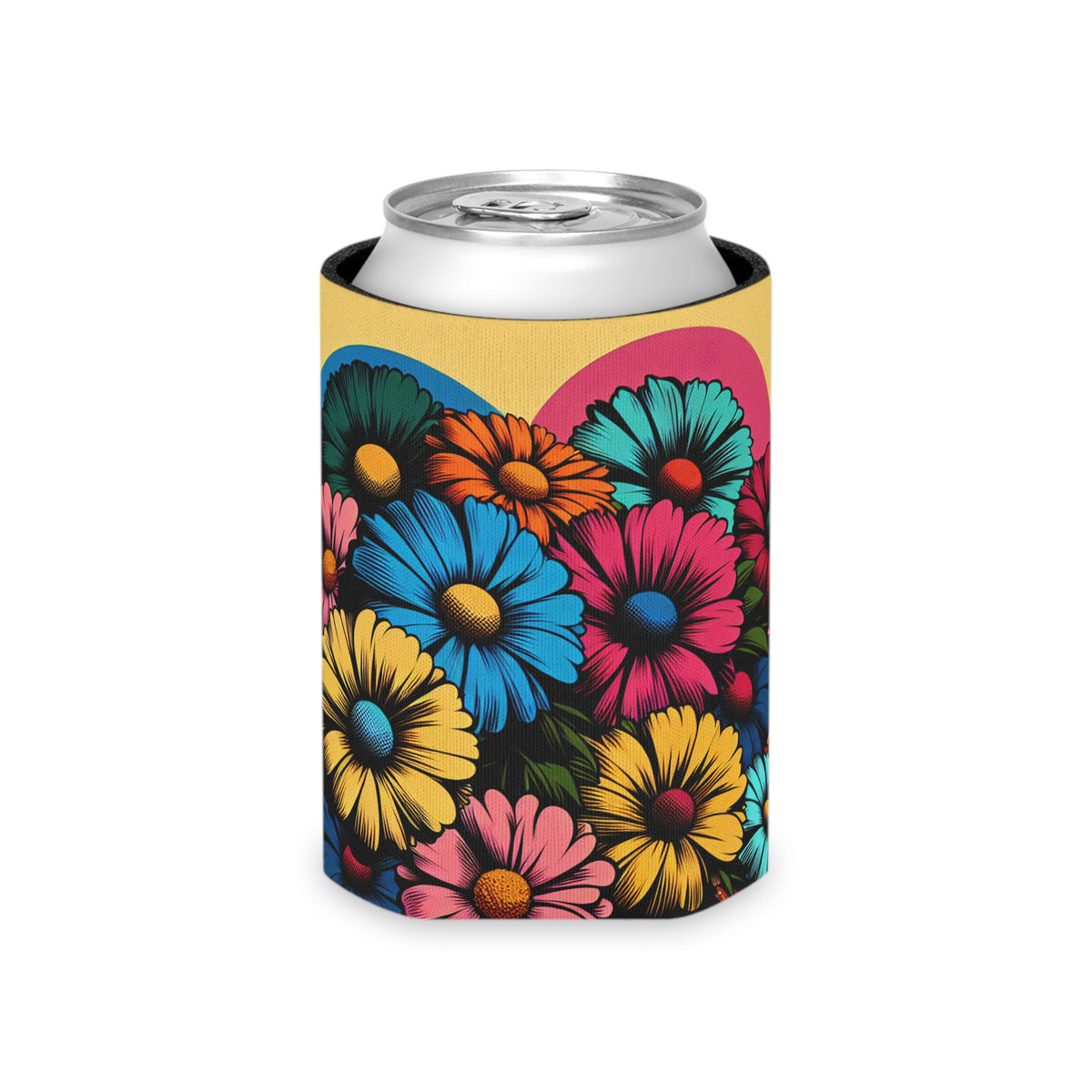 Pop Art Floral Can Cooler, Retro Can Sleeve, Flower Pattern Beverage Holder, Colorful Drink Insulator, Funky Beer Coozie