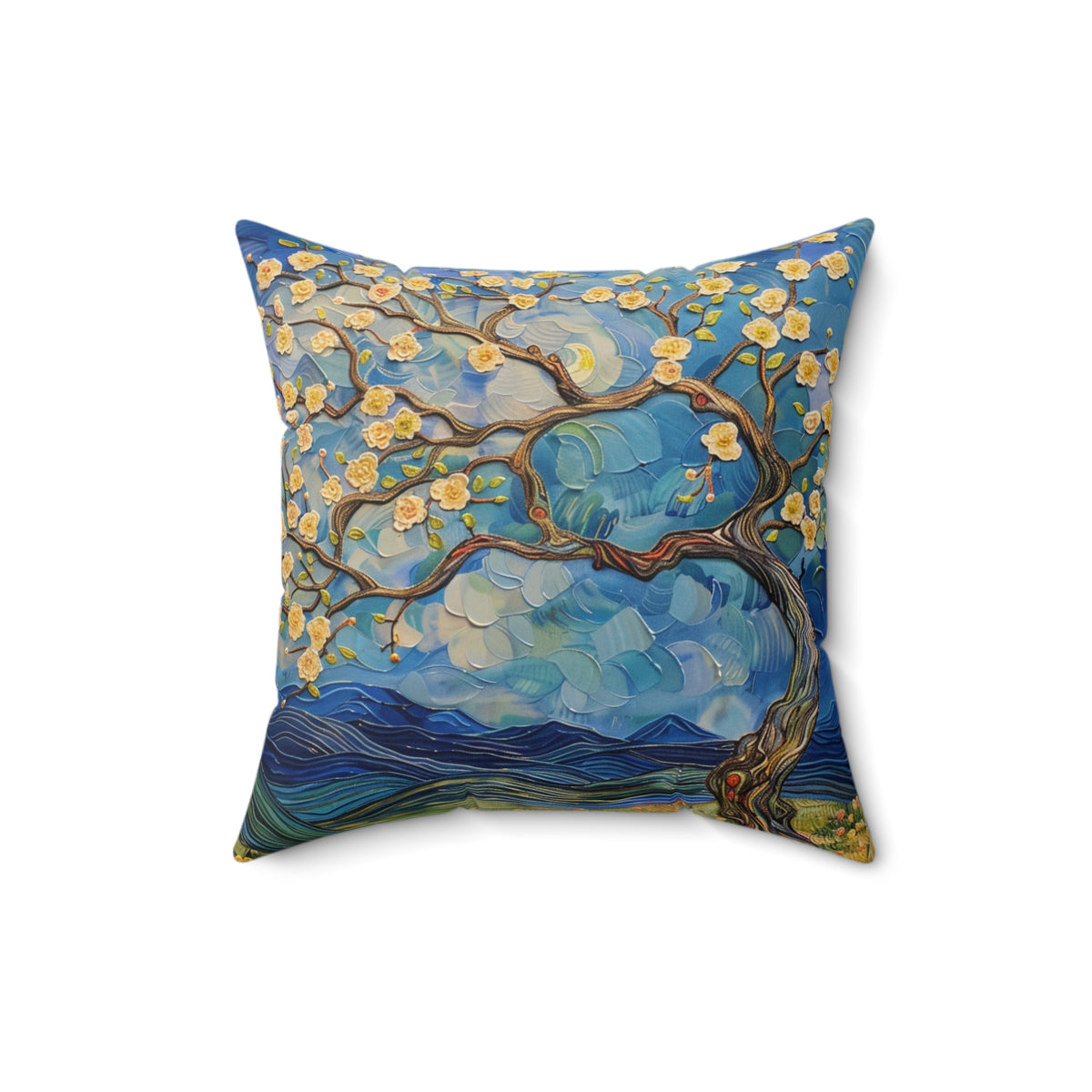 Tree Painting with Flowers on a Spun Polyester Square Pillow