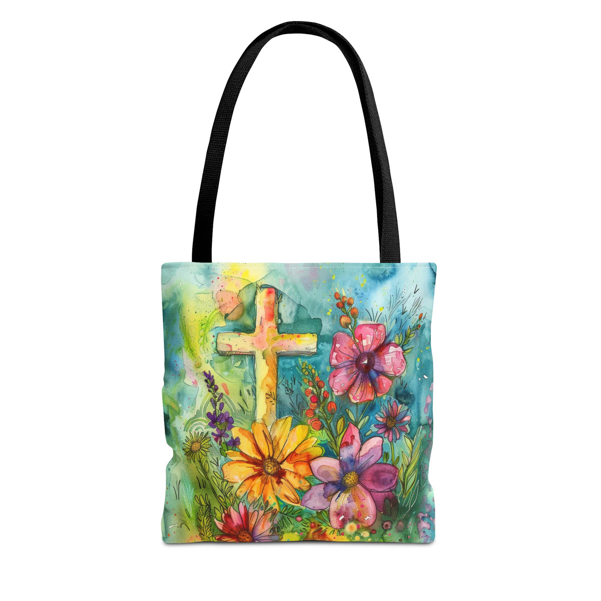 Cross and Whimsical Flowers Tote Bag