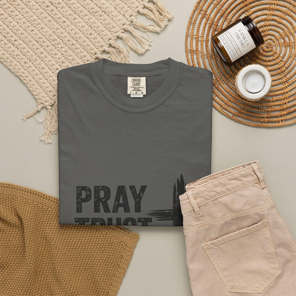 Prayer Trust Wait Repeat T-Shirt — Christian Faith Cross Graphic Tee