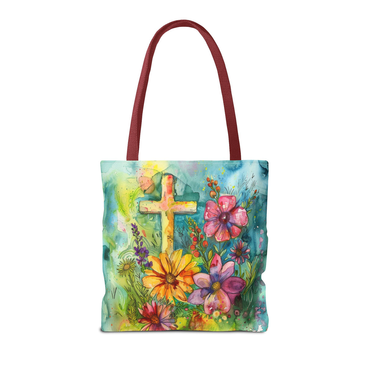 Cross and Whimsical Flowers Tote Bag