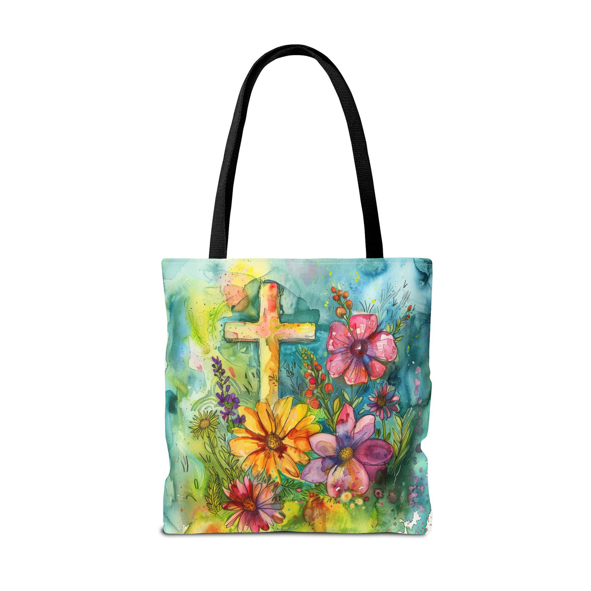 Cross and Whimsical Flowers Tote Bag