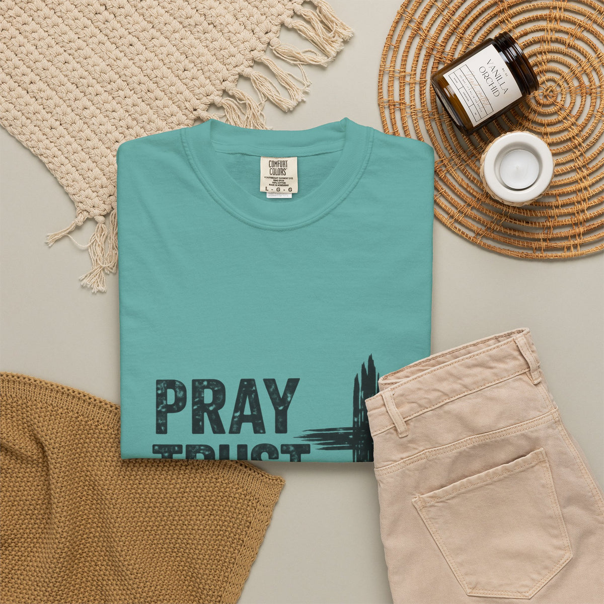 Prayer Trust Wait Repeat T-Shirt — Christian Faith Cross Graphic Tee