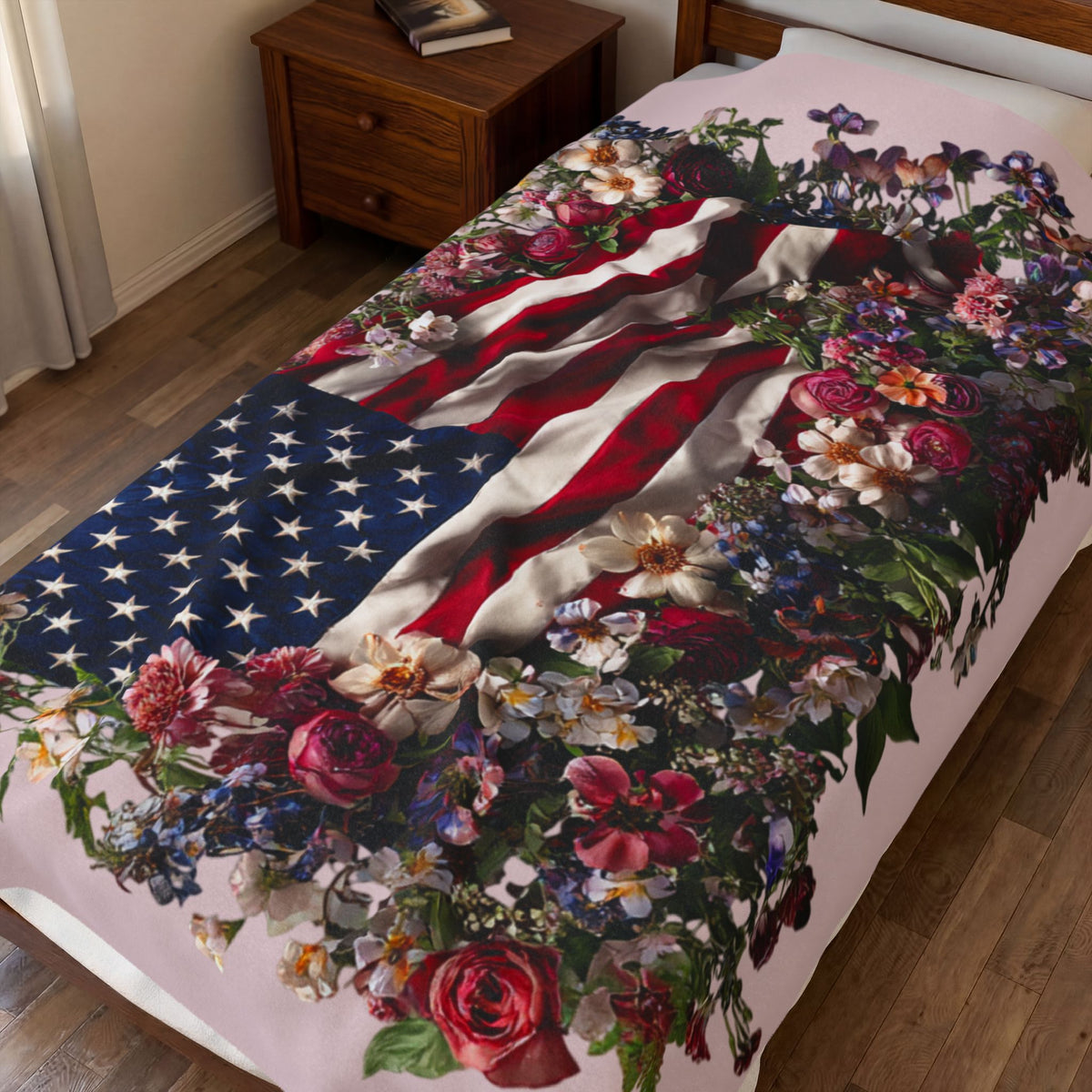American Flag with Floral Wreath Velveteen Plush Blanket