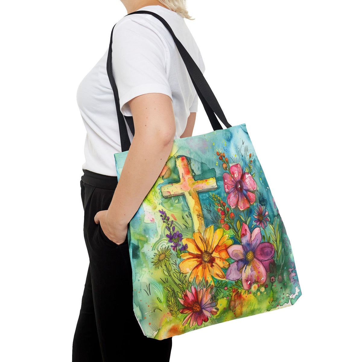 Cross and Whimsical Flowers Tote Bag