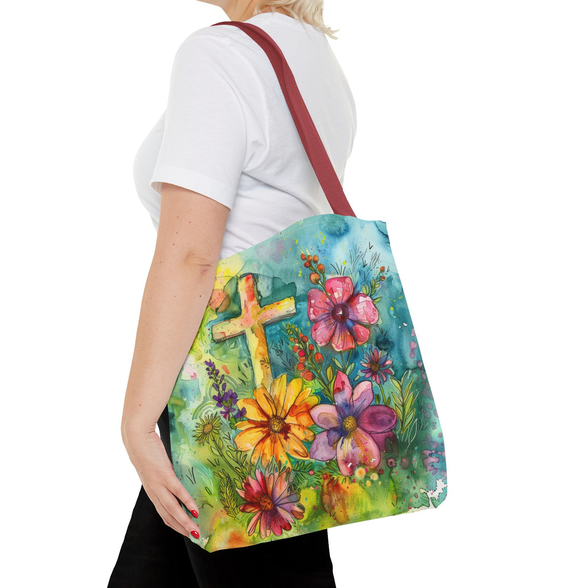 Cross and Whimsical Flowers Tote Bag