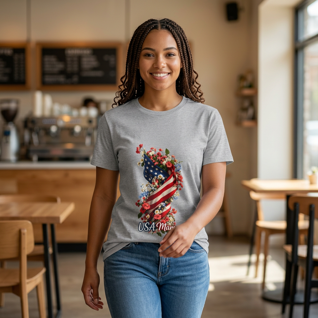 USA Mama T-Shirt | American Flag Floral Design, Patriotic Mom Tee
