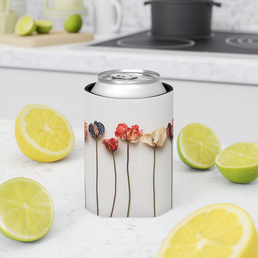 American Floral Can Cooler, Patriotic Drink Sleeve, USA Flower Beverage Holder, Fourth of July Koozie, Red White Blue Insulator