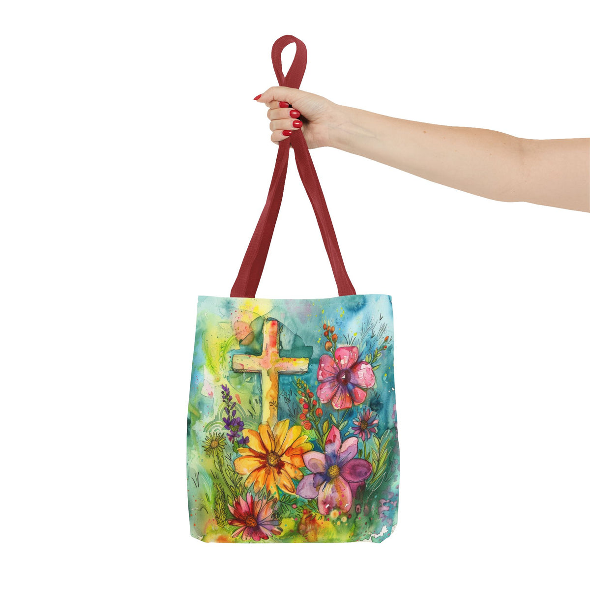 Cross and Whimsical Flowers Tote Bag
