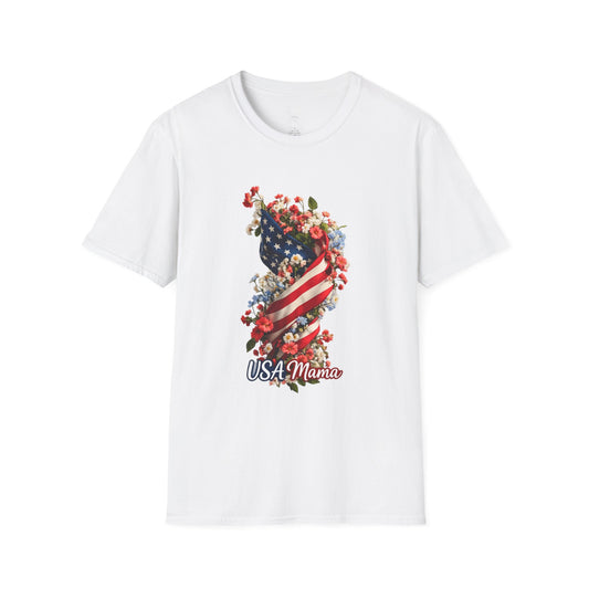 USA Mama T-Shirt | American Flag Floral Design, Patriotic Mom Tee