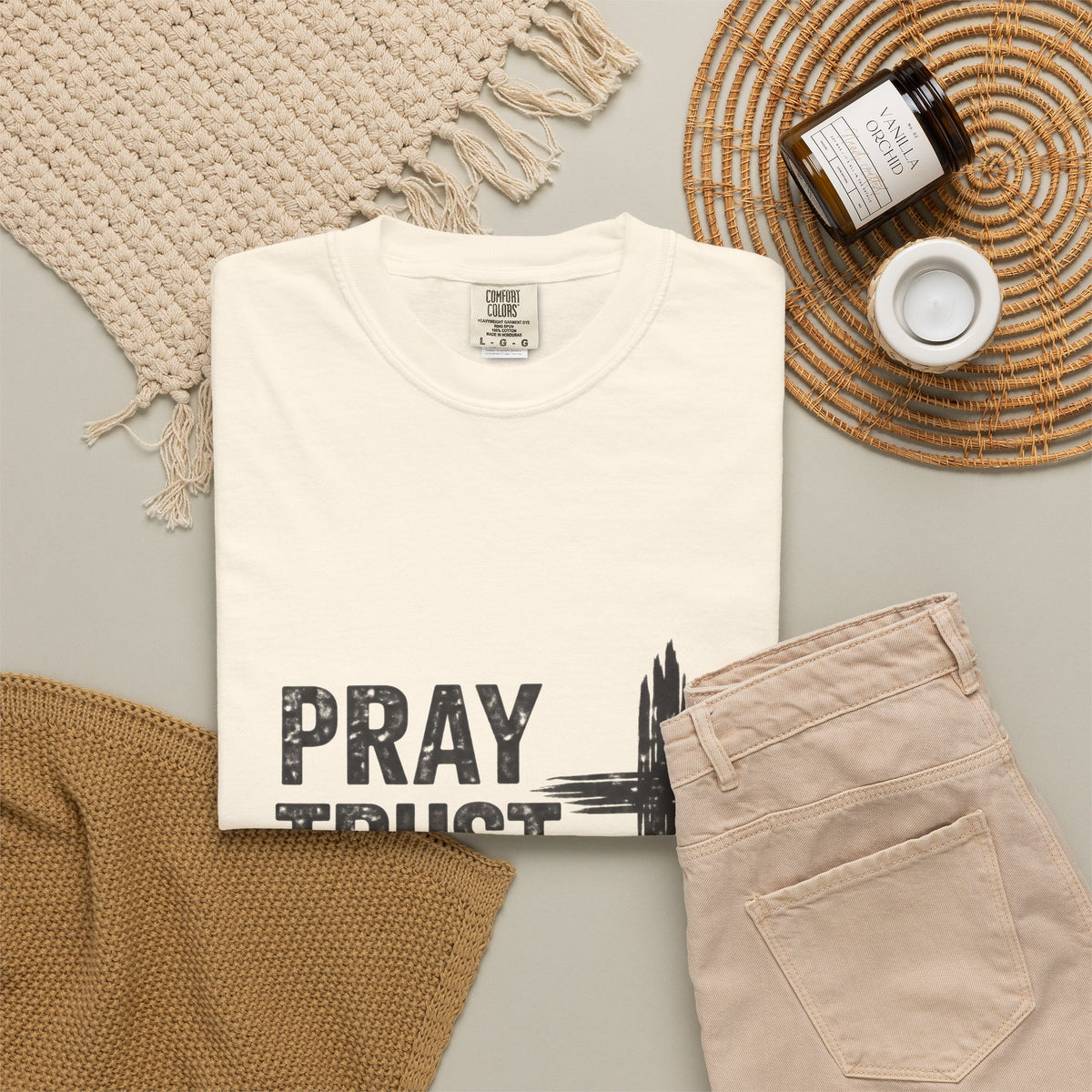 Prayer Trust Wait Repeat T-Shirt — Christian Faith Cross Graphic Tee