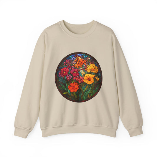 Stained Glass Floral Garden sweatshirt | Colorful Flower Circle Art