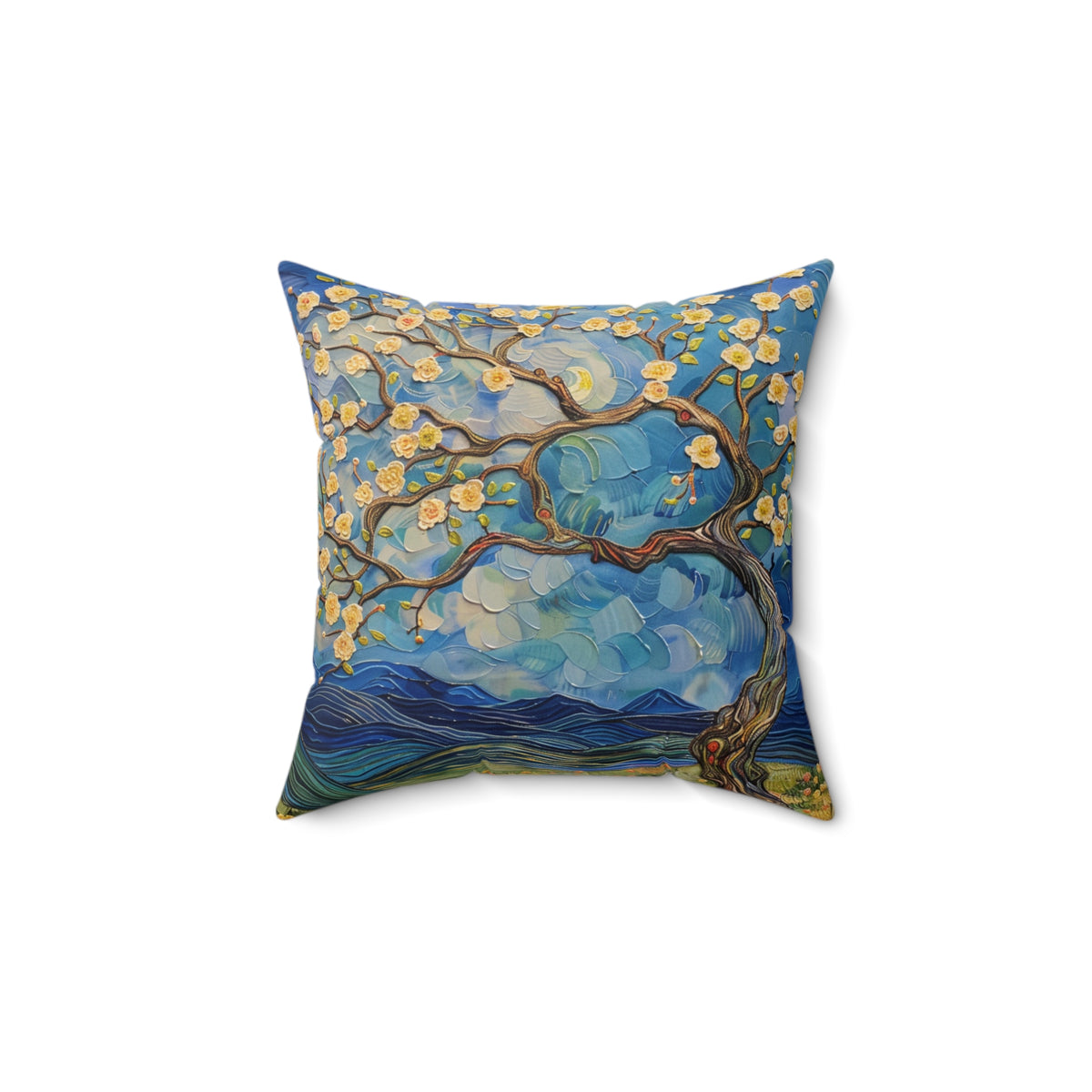 Tree Painting with Flowers on a Spun Polyester Square Pillow