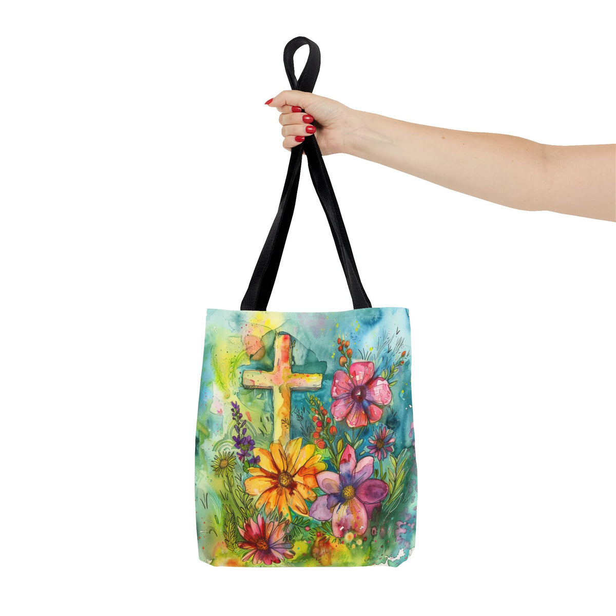 Cross and Whimsical Flowers Tote Bag