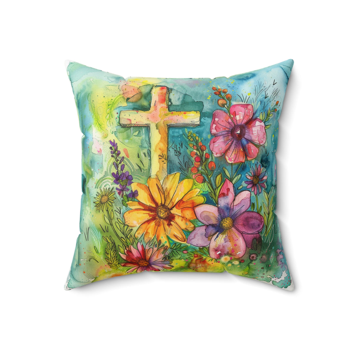 Whimsical Flowers and Cross on a Spun Polyester Square Pillow