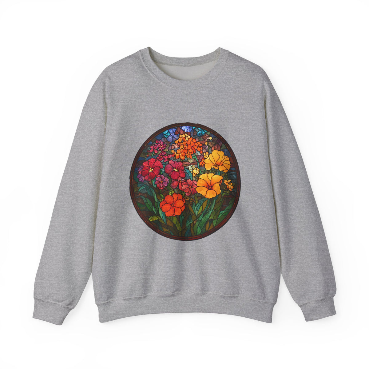 Stained Glass Floral Garden sweatshirt | Colorful Flower Circle Art