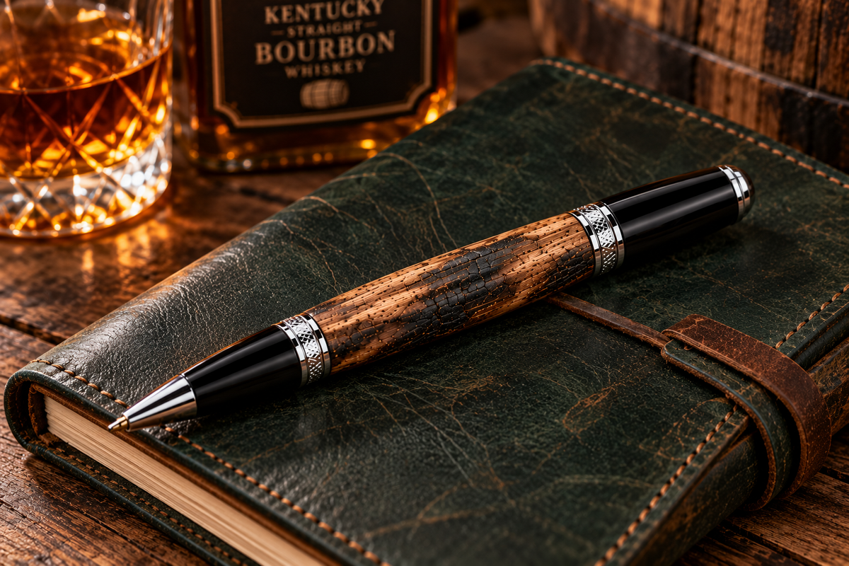 Kentucky Bourbon Barrel Pen & Stand Set | Handmade White Oak Ballpoint Pen | Authentic Whiskey Barrel Wood Desk Pen Holder | Full Set