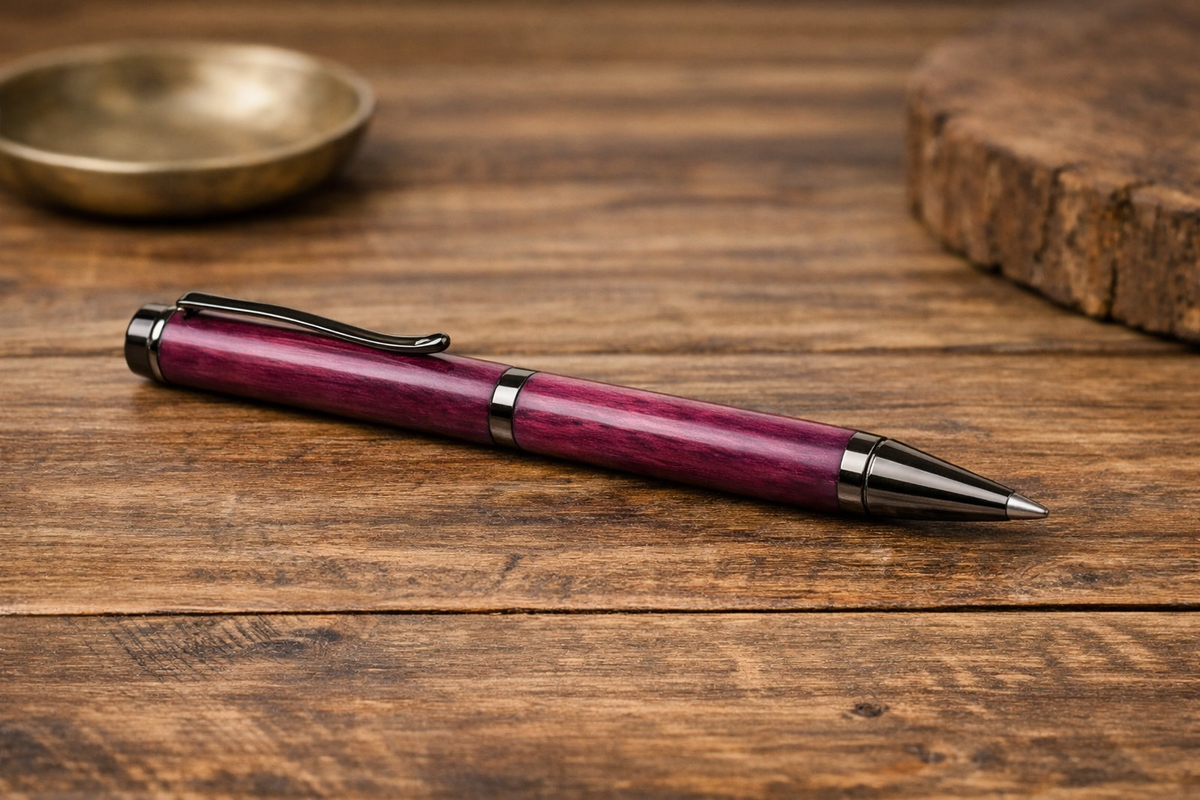 Purpleheart Wood Pen with Two‑Tone Wooden Case — Handcrafted by HARZO in USA
