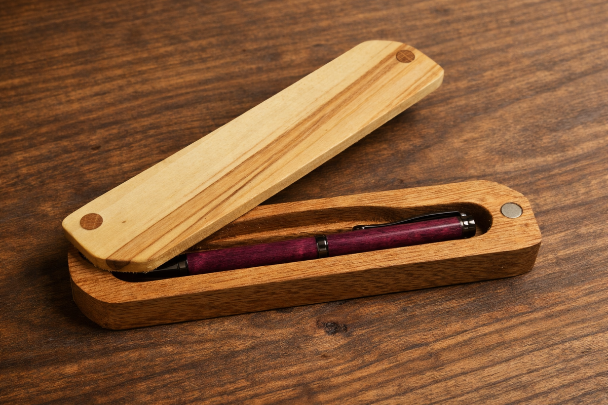 Purpleheart Wood Pen with Two‑Tone Wooden Case — Handcrafted by HARZO in USA