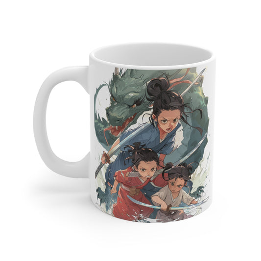 Anime Mother's Day Mug - Mother and Children Slaying a Monster/Dragon with swords