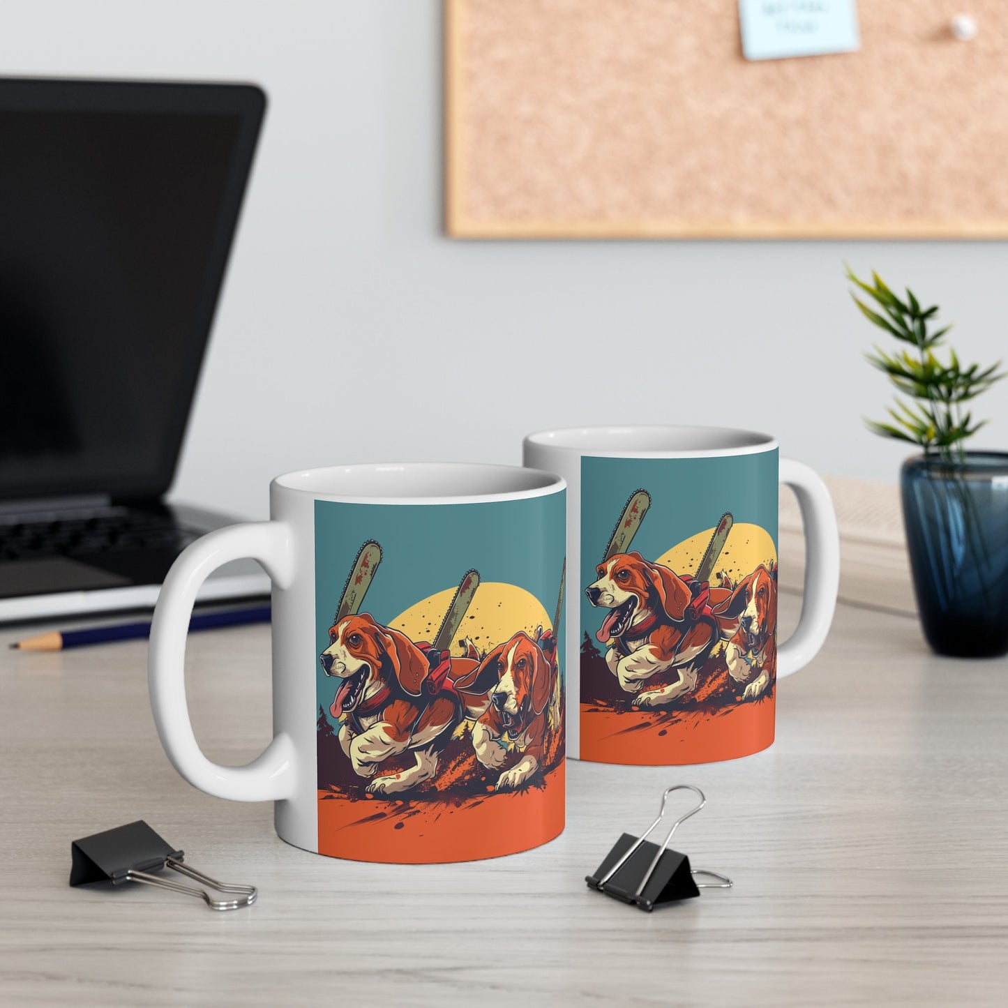Basset Chainsaw Massacre Coffee Mug - Killer Basset Hounds with Chainsaws