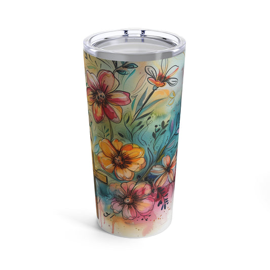 Whimsical Flowers and Cross Tumbler 20oz