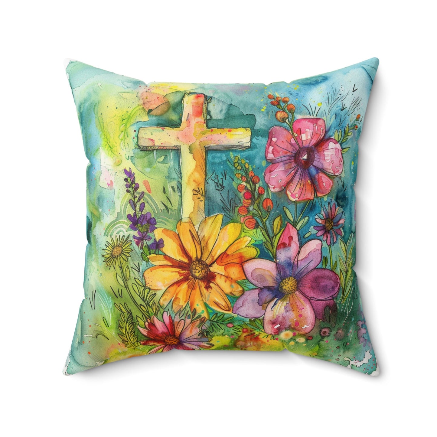 Whimsical Flowers and Cross on a Spun Polyester Square Pillow