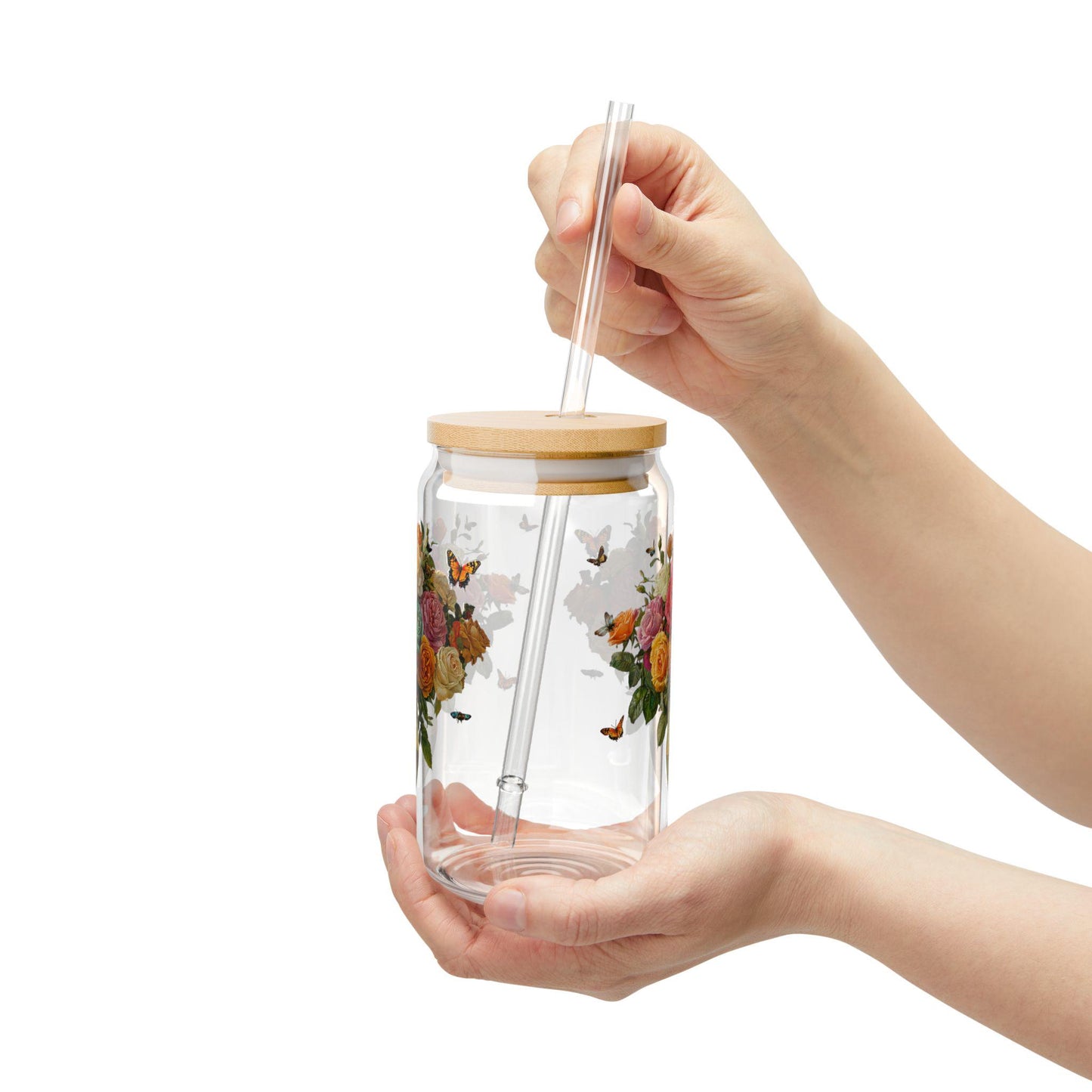 Rose Bouquet Sipper Glass: Floral Tempered Glass Cup (16oz)
