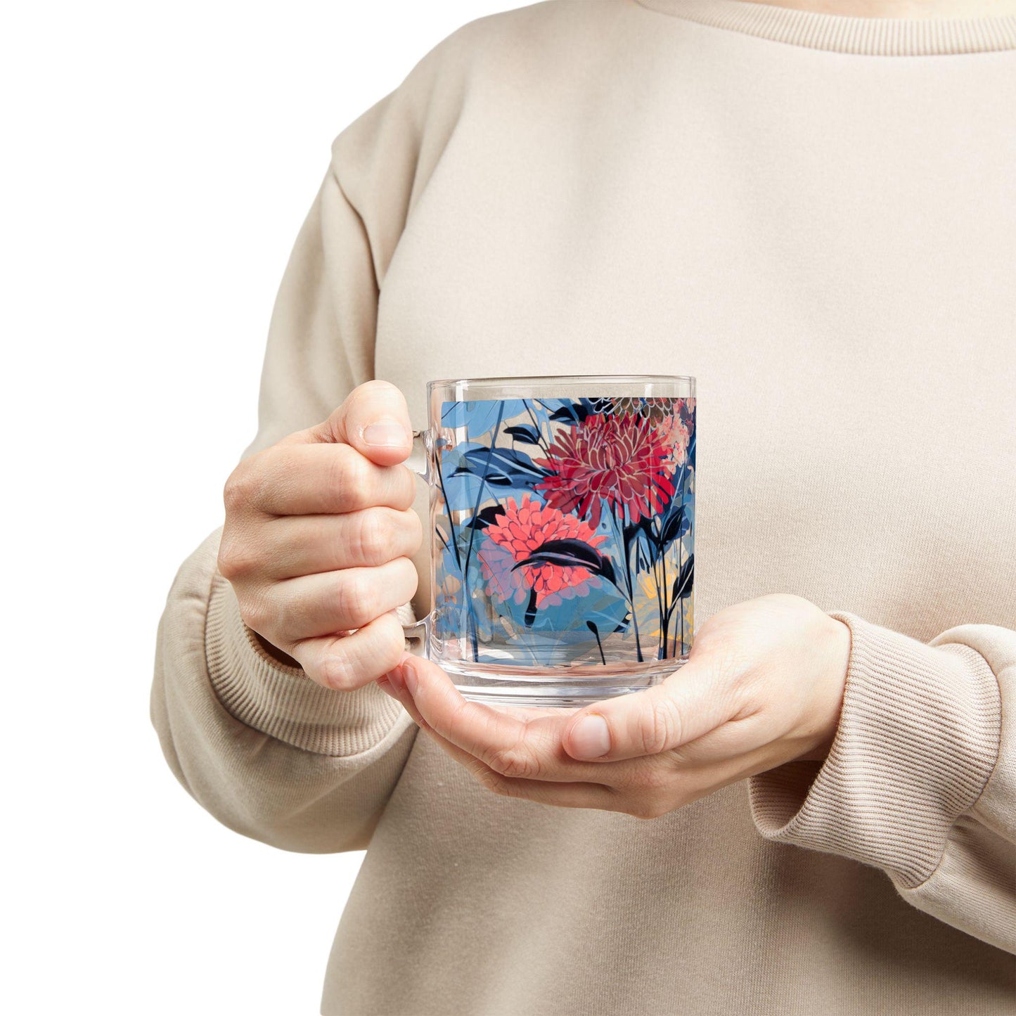 Floral Glass Mug: Colorful Garden Drinkware, 10oz