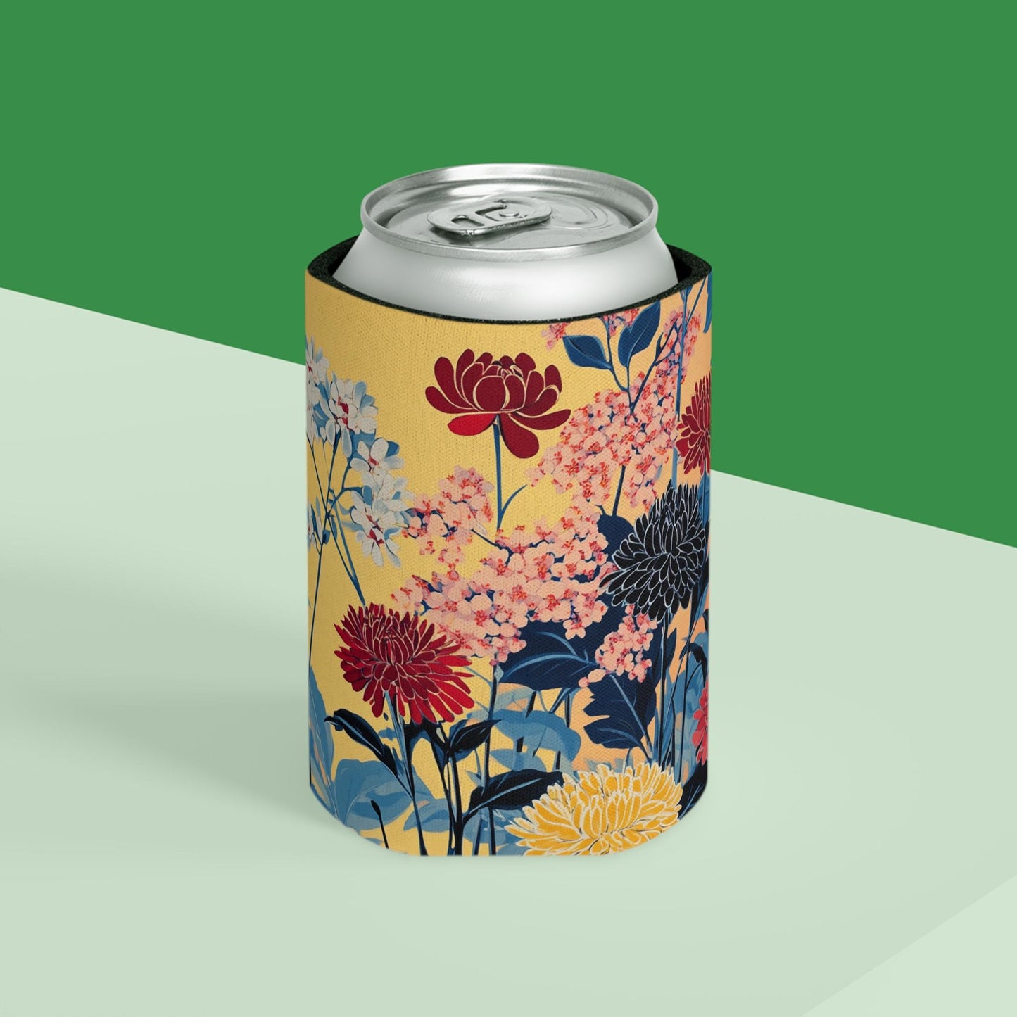 Floral Can Cooler: Yellow & Blue Botanical Drink Sleeve