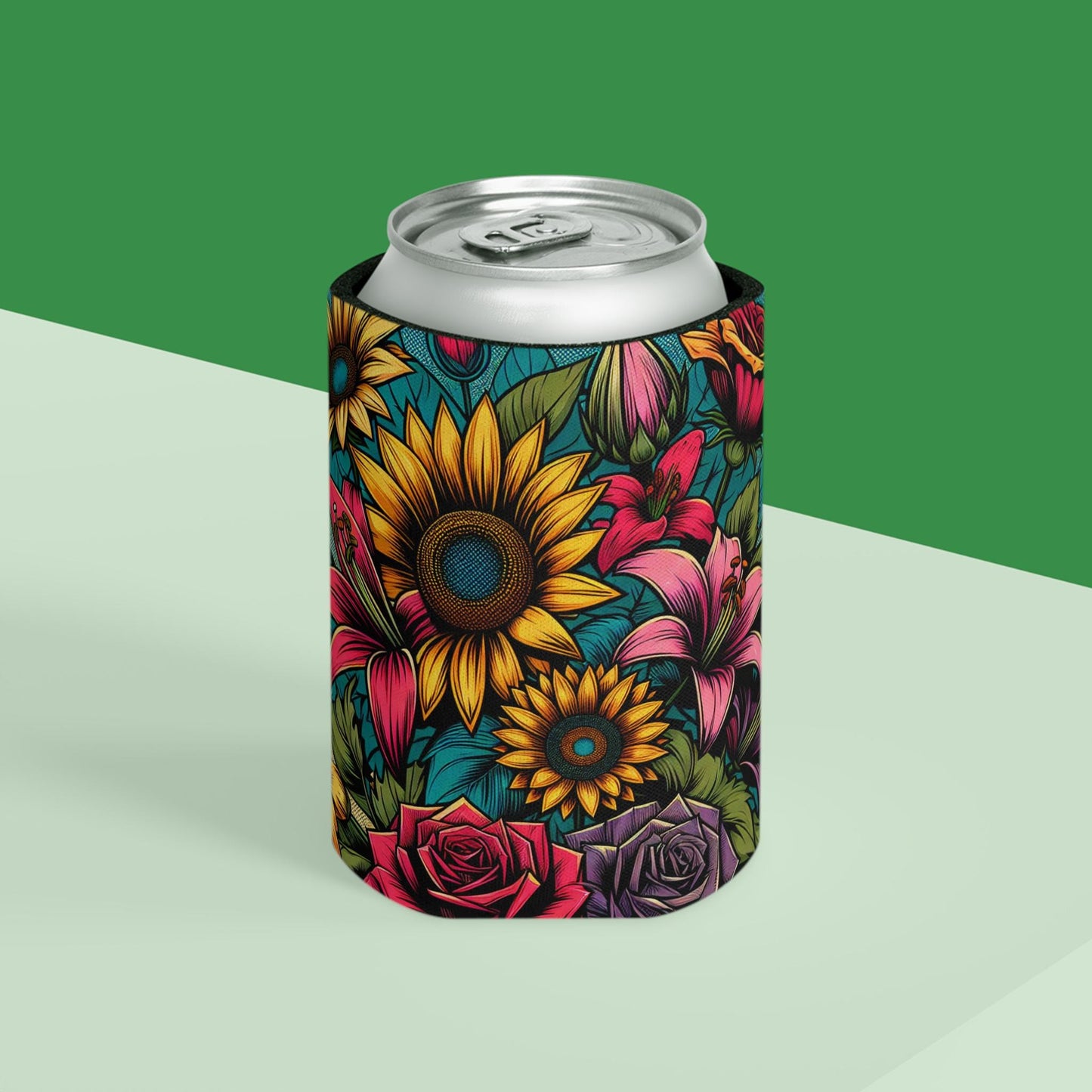 Floral Comic Book Can Cooler: Retro Pop Art Drink Sleeve