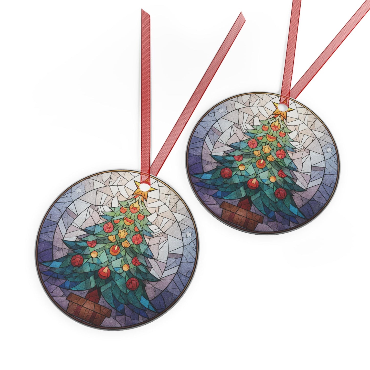 Stained Glass Christmas Tree Metal Ornament | Round Holiday Decoration