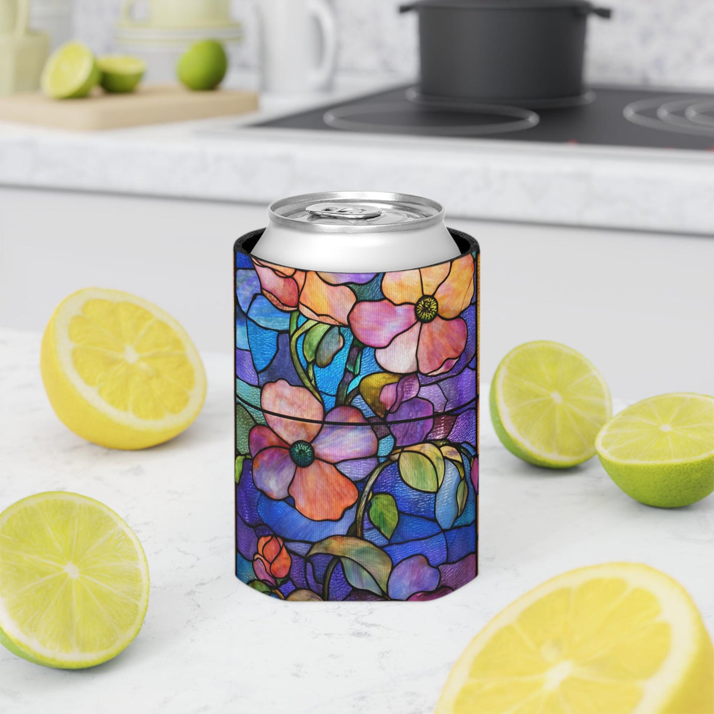 Stained Glass Floral Can Cooler | Artful Flower Pattern Drink Sleeve