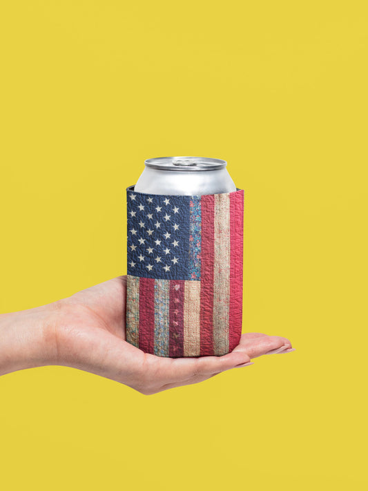 Distressed American Flag Can Cooler | Patriotic Beverage Koozie
