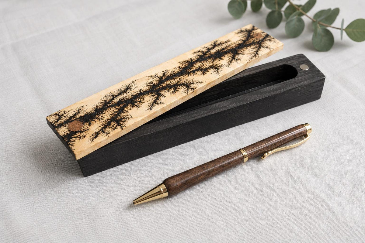 Handcrafted Walnut Ballpoint Pen with Fractal Burn Wenge Maple Case | Executive Desk Accessory