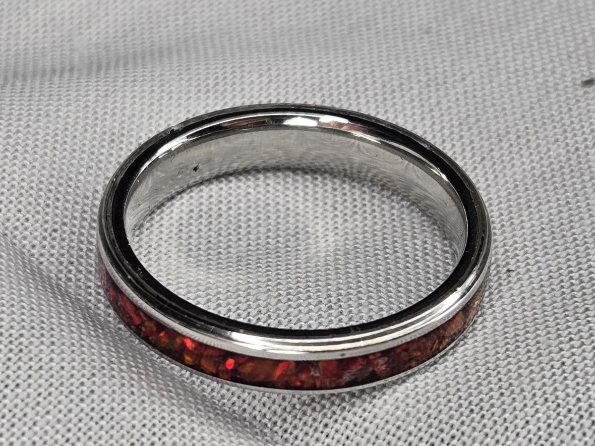 Dragon’s Eye Red Opal Ring – Stainless Steel Band – Handmade Men’s Fantasy Ring – Cherry Wood Gift Box – Rustic Opal Inlay Jewelry