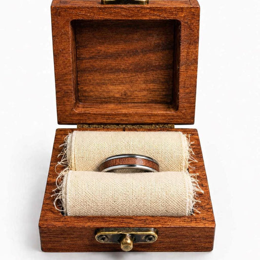 8mm Walnut Wood Stainless Steel Ring and Case Gift Set – Rustic Men’s Wedding Band, Comfort Fit