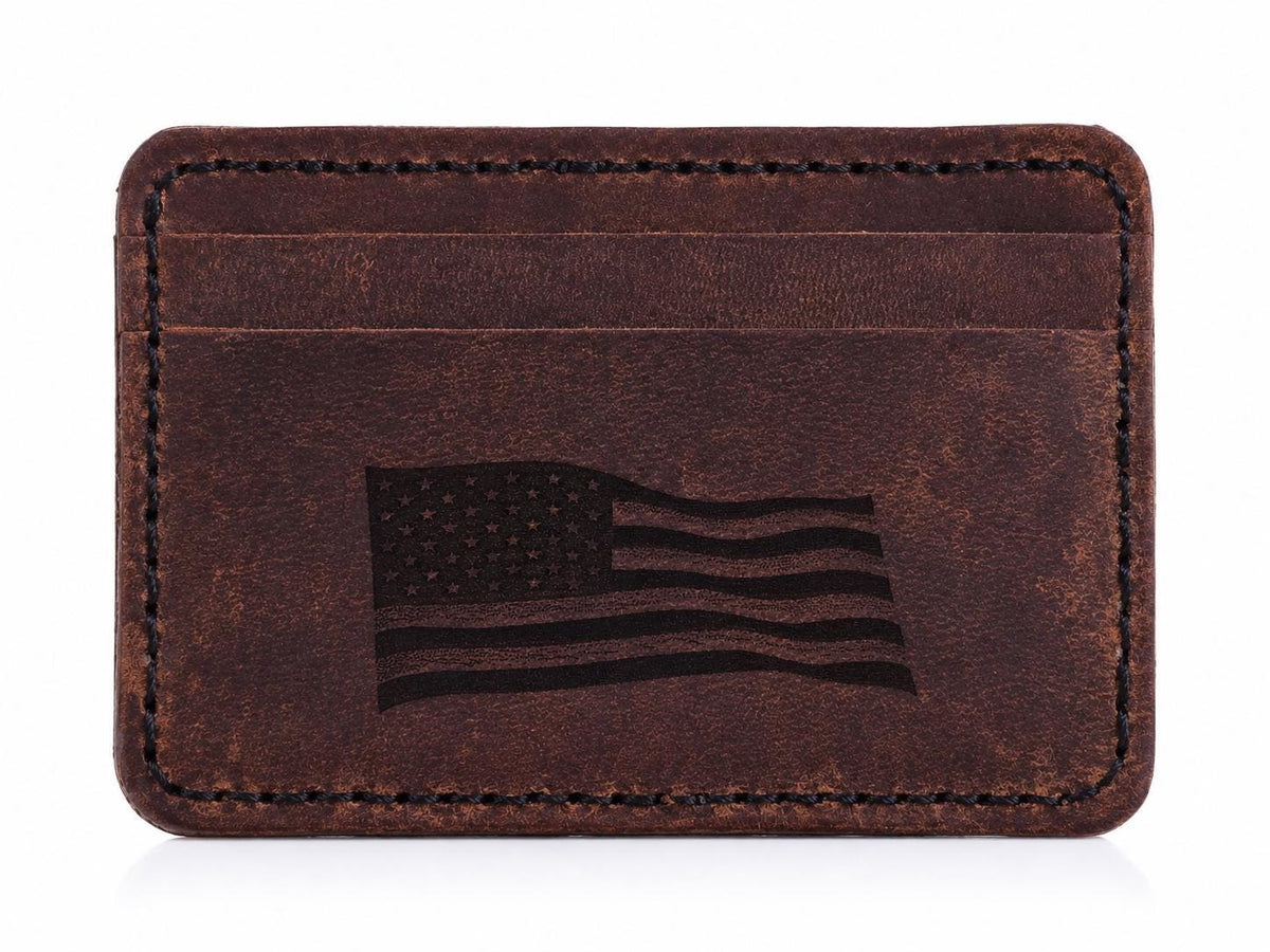 Full‑Grain Crazy Horse Leather Wallet with American Flag Engraving – Handmade 5‑Pocket Rustic Card Holder – HARZO Handcrafted