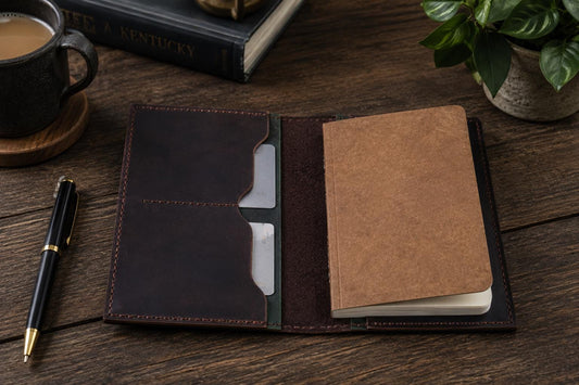 Dark Brown Leather Journal Cover with Green Accents | 3.5 x 5.5 Notebook Holder