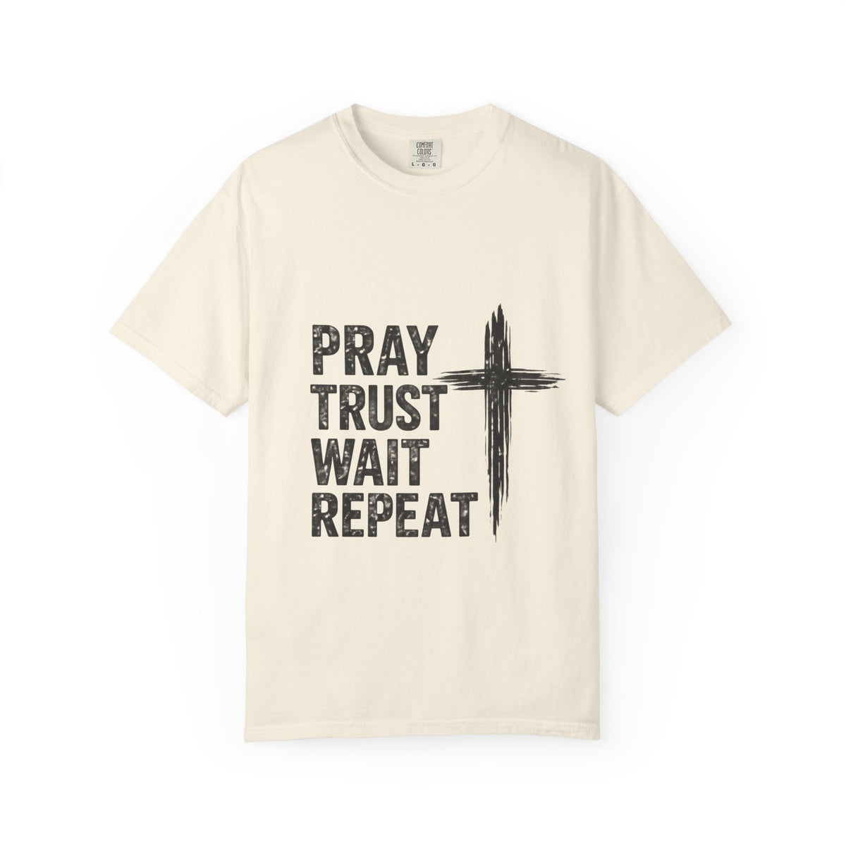 Prayer Trust Wait Repeat T-Shirt — Christian Faith Cross Graphic Tee