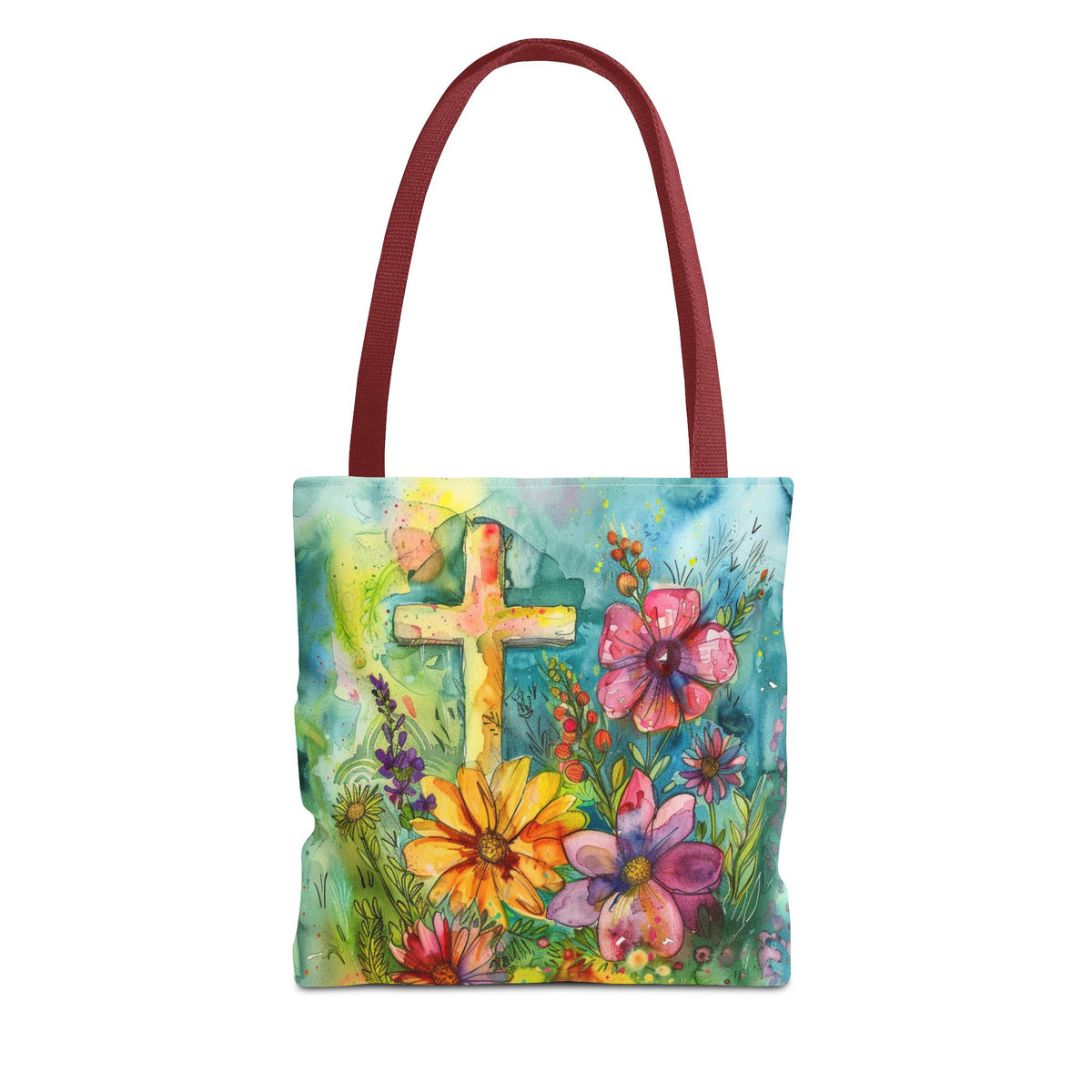 Cross and Whimsical Flowers Tote Bag