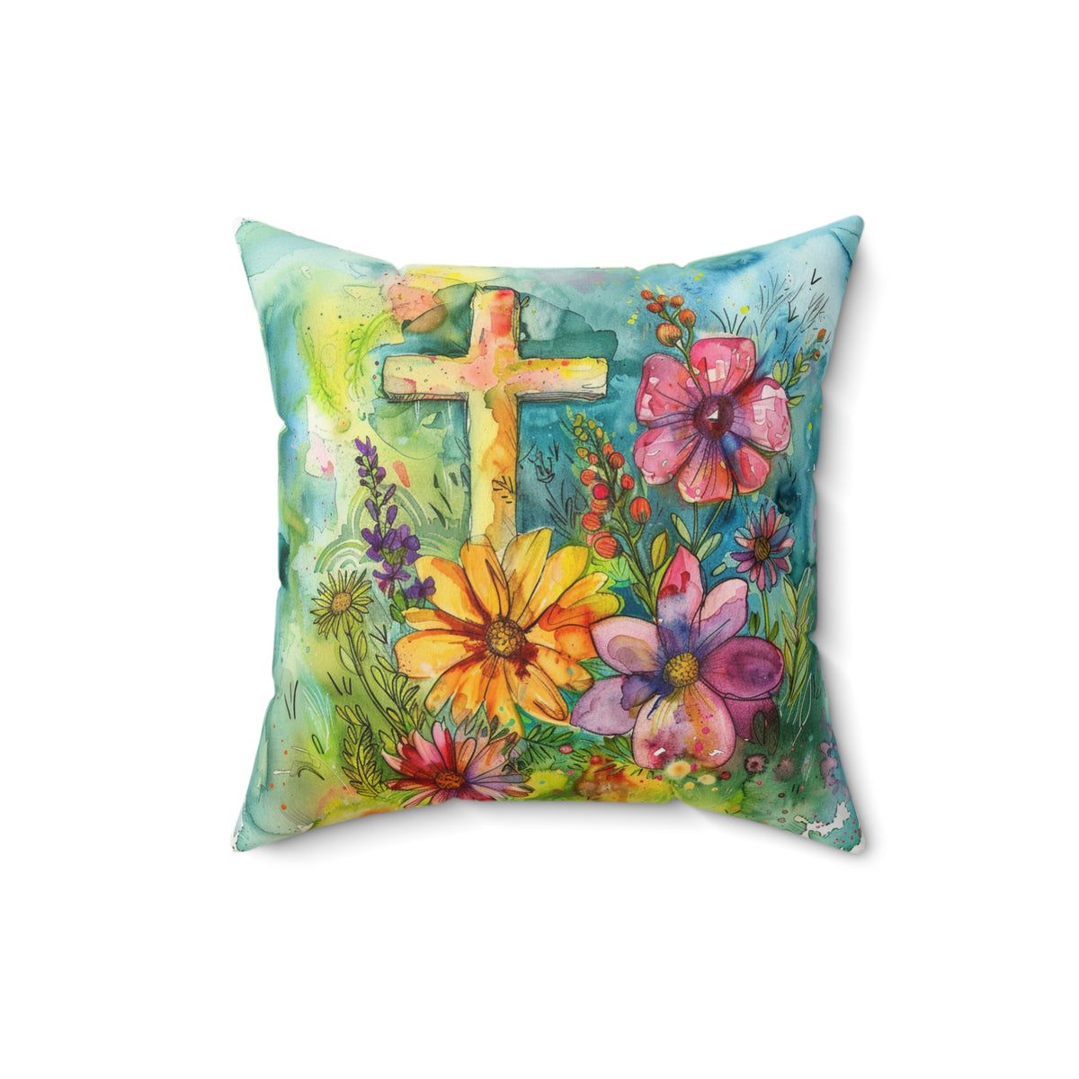 Whimsical Flowers and Cross on a Spun Polyester Square Pillow