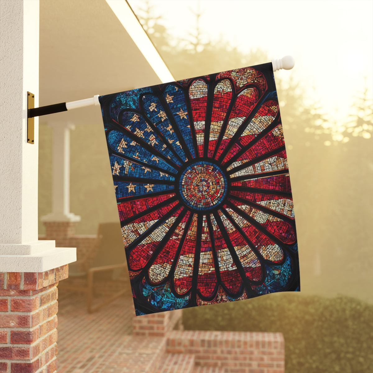 American Flag Stained Glass Sunburst Garden Banner | Patriotic Home Decor