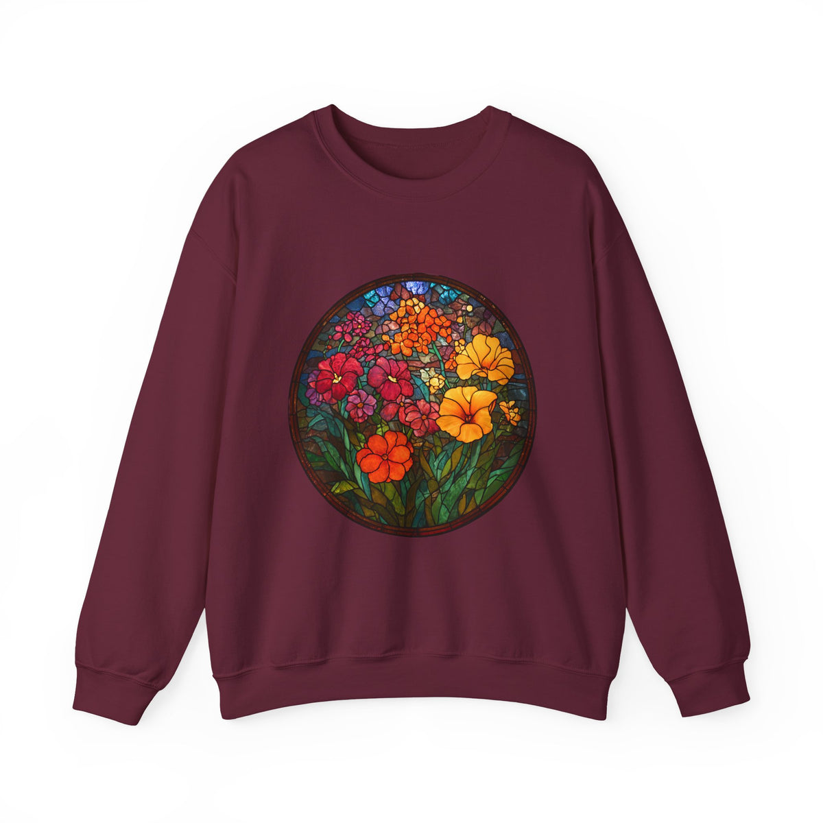 Stained Glass Floral Garden sweatshirt | Colorful Flower Circle Art