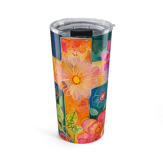 Cross and Whimsical Flowers Tumbler 20oz