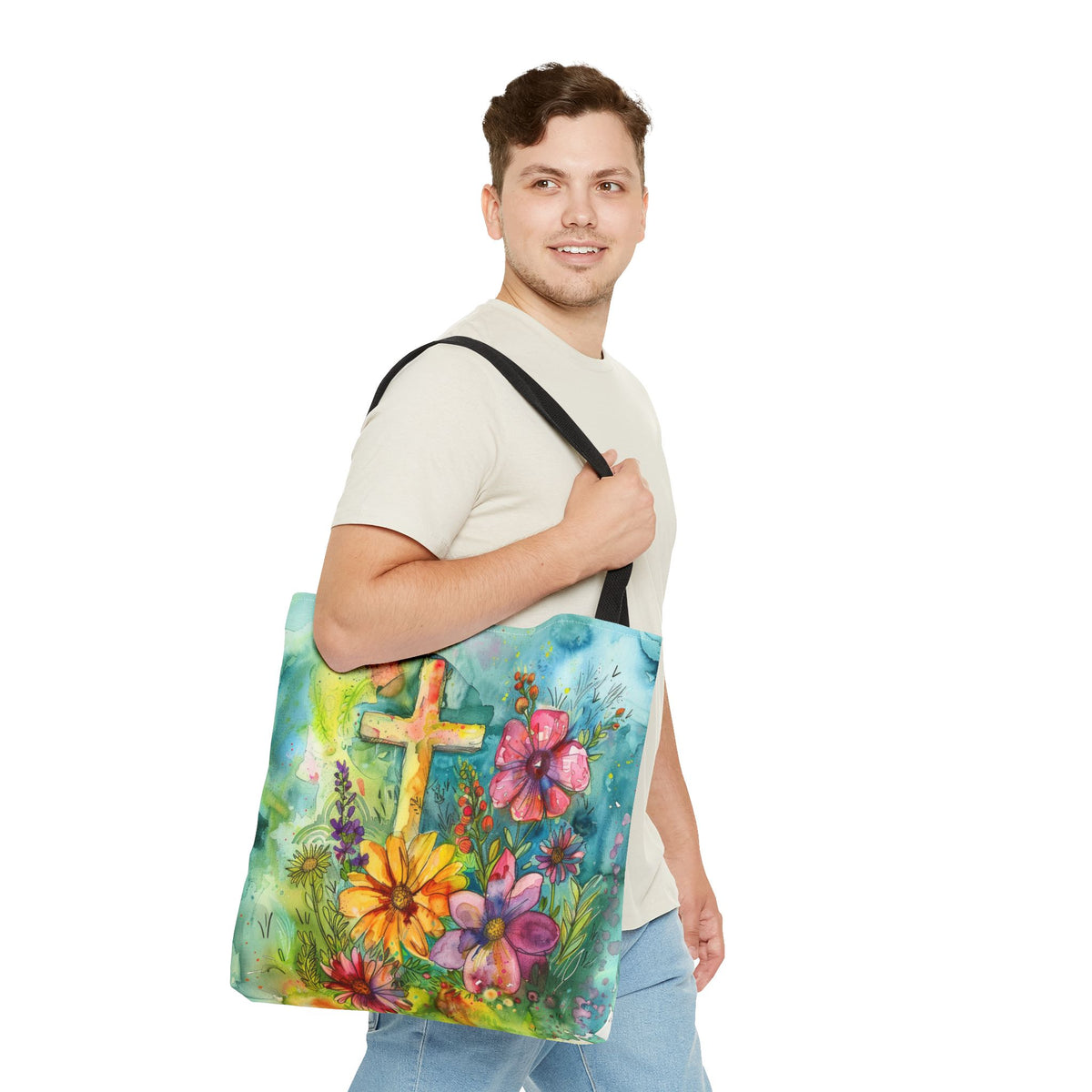 Cross and Whimsical Flowers Tote Bag